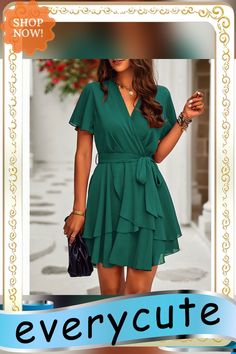 Green Woven V Neck Ruffle Hem A-line Mini Dress Elegant Green V-neck Ruffle Dress, Green Knee-length Ruffle Dress For Summer, Elegant Green Tiered Mini Dress, Solid Color A-line Mini Dress With Ruffles, Solid A-line Mini Dress With Ruffles, Elegant Green Mini Length Ruffle Dress, Elegant Green Mini Dress With Ruffle Hem, Ruffled A-line Chiffon Mini Dress, Green A-line Dress With Ruffle Hem