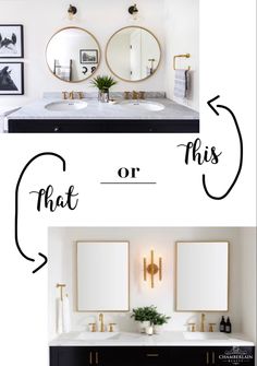 the before and after of a bathroom vanity makeover with gold accents, black countertops, and white walls