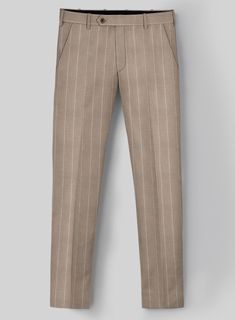 Nuzzle up the pinnacle of elegance with our London Loom Brown Stripe Wool Silk Linen Pants are crafted with the utmost care from a harmonious blend of luxurious wool, sumptuous silk, and airy linen. This ensemble showcases the zenith of refined taste, draped in a rich brown hue adorned with delicate stripes. Whether navigating important business meetings or gracing a glamorous soirée, this ensemble wraps you in an aura of unwavering confidence and enduring fashion.  The London Loom Collection  masterfully blends the durability of wool, the luxury of silk, and the breathability of linen, reflecting the elegance of English tailoring. This fabric offers season-spanning comfort, refined drapes, and natural coolness. Woven with traditional expertise, it stands as a testament to quality, style, Beige Wool Bottoms With Welt Pockets, Elegant Tailored Beige Dress Pants, Fitted Beige Dress Pants With Pressed Crease, Elegant Wool Beige Bottoms, Elegant Beige Wool Bottoms, Elegant Wool Trousers, Tailored Beige Pants For Formal Occasions, Elegant Beige Tailored Pants, Luxury Fitted Beige Bottoms