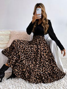 Multicolor Casual   Polyester Leopard A Line Embellished Non-Stretch Spring/Fall Women Bottoms Stile Boho Chic, Floral Print Midi Skirt, Ruffle Hem Skirt, Ruffle Maxi Skirt, Shein Brasil, Outfits Woman, Leopard Print Skirt, Leopard Skirt, Effortlessly Chic Outfits