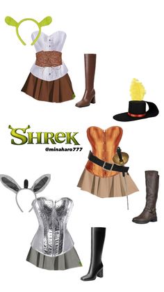 several different types of clothing and hats on display in an advertisement for shrek