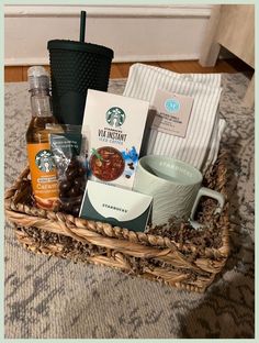 starbucks coffee and tea gift basket on carpeted area