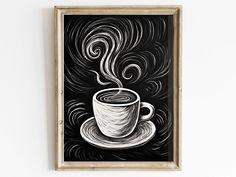 a drawing of a cup of coffee on a black and white background with swirls