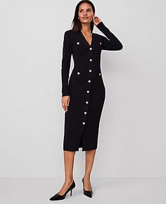 From workday lunch to weekend brunch, our V-neck sweater dress is punctuated with a polished button front. V-neck. Long sleeves. Button front. Chest and hip welt button pockets.,Hit:Hits at mid-calf,Imported:Imported,Length:47" from shoulder to hem,Fabrication:50% Polyester, 34% Viscose, 16% Nylon,Garment Care:Machine Washable Button Front V-Neck Sweater Dress by Ann Taylor Size regular - 2XL Black Women's Sweater, Dress, Regular, V-Neck, Long, Sleeve, Dresses, 50%, Polyester, 34%, Viscose, 16%, Ann Taylor Petite, Long Sleeve Dresses, Weekend Brunch, Women's Sweater, Sleeve Dresses, Petite Dresses, Large Size Dresses, V Neck Sweater, Large Black