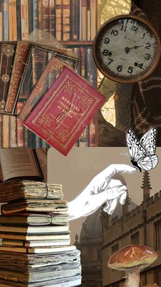 a collage of books, a clock and a hand with a butterfly on it