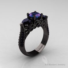 Classic 14K Black Gold Three Stone Russian by artmasters on Etsy, $2799.00 Art Masters Jewelry, Black Diamond Solitaire Ring, Ruby Solitaire Ring, Bijoux Art Nouveau, Black Diamond Solitaire, Black Gold Jewelry, Imperial Topaz, Diamond Solitaire Ring, Black Hills Gold