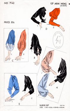 an old fashion sewing pattern for women's clothing, with different colors and sizes