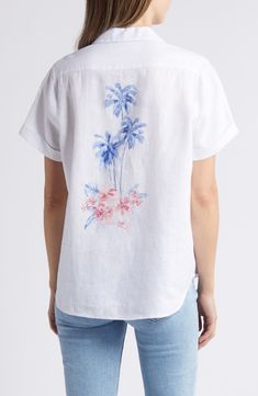 Crisp linen lets you keep your cool on a hot day in this cuffed-sleeve shirt printed with blue blooms on the back. Front button closure Spread collar Short sleeves 100% linen Machine wash, line dry Imported Cuffed Sleeve, Hot Day, Floral Short, Fabric Gifts, Nordstrom Store, Free Fabric, Keep Your Cool, Anniversary Sale, Tommy Bahama