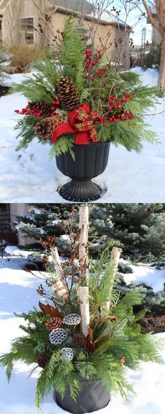 two pictures of the same planter with pine cones and red berries in it, one is