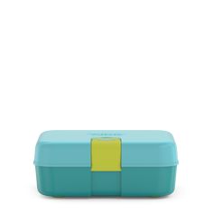 a blue and green lunch box with a yellow handle on the side, against a white background