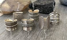 You can choose between 6 unique sterling silver chunky rings, each made with a unique design and some have stamped details, some have braided details. Each ring can be perfect for your day by day outfits. In the pictures you will see a number that represents each ring for you to choose from. Ring #1- An open band ring that is size adjustable, the bigger the size the bigger the gap that will open on the back of the ring. The smallest size available is 7.25. Ring #2- A hand stamped square silver r Handmade Bohemian Wide Band Ring For Anniversary, Handmade Bohemian Rings For Everyday Wear, Bohemian Handmade Rings For Everyday Wear, Handmade Bohemian Rings For Everyday, Bohemian Handmade Rings For Everyday, Handmade Bohemian Sterling Silver Wide Band Ring, Handmade Bohemian Wide Band Ring In Sterling Silver, Womens Wedding Ring Sets, Edgy Rings