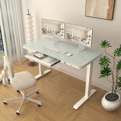 a computer desk with two monitors and a chair in front of it on top of a hard wood floor