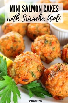 mini salmon cakes with sriraca rice on a white plate and garnished with parsley