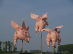 three pigs with wings on top of each other in front of some grass and trees