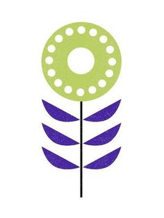 a green and purple flower on top of a white background with the letter o in it