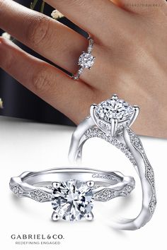 This standout setting inspired by the Victorian era features a scalloped 14K white gold shank complete with milgrain detailing. Diamond stations are sprinkled throughout. With the addition of the curved diamond gallery and peek-a-boo belt circling your round center stone, this engagement ring glimmers with 0.25cts of diamonds.  ER14427R4W44JJ #GabrielNY #DiamondJewelry #FineJewelry #GabrielAndCo #UniqueJewelry #gabrielengagementring #gabrielring #gabrielwedding #BridalRing #RoundEngagementRing Elegant Halo Ring For Proposal With Round Cut, Elegant Round Cut Halo Ring For Proposal, Elegant Brilliant Cut Halo Ring For Proposal, Elegant Round Ring For Proposal, Elegant Round Halo Ring For Proposal, Elegant White Gold Halo Ring For Proposal, Elegant Solitaire Halo Ring For Anniversary, Elegant Brilliant Cut Ring For Proposal, Elegant Solitaire Jewelry For Proposal