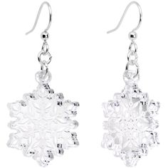 pair of crystal snowflake earrings with silver tone hooks and earwires on white background