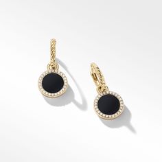 18-karat yellow gold • Black onyx • Pavé diamonds, 0.22 total carat weight • Earring drop length, 22.6mm • Earring diameter, 11mm Timeless Symbol, David Yurman, Pave Diamonds, Black Onyx, Gold Black, Onyx, Diamonds, Yellow Gold, Drop Earrings