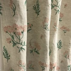 curtains with pink flowers and green leaves on them