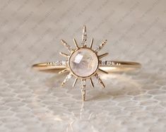 Natural SI Clarity Diamond Moonstone Ring Starburst Rose Cut - Etsy Taiwan Sun Shaped Engagement Ring, Gold Moonstone Ring With Diamond Halo, Gold Diamond Halo Moonstone Ring, Celestial Moonstone Ring In 14k Gold As Gift, Celestial 14k Gold Moonstone Ring As Gift, Celestial 14k Gold Moonstone Ring For Gift, Celestial 14k Gold Rings With Center Stone, Celestial Style 14k Gold Moonstone Ring As Gift, Celestial Style Diamond Wedding Ring