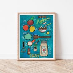 an art print on a wooden frame displaying the various ingredients used to make apple pie