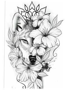 a drawing of a wolf with flowers on his head