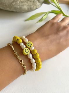 Freshwater Pearl Stretch Bracelet Yellow Smile Face Bracelet | Etsy Trendy Round Jewelry With Letter Beads, Trendy Yellow Jewelry With Letter Beads, Customized Sterling Silver Jewelry For Friendship, Adjustable Yellow Jewelry With Heart Beads, Trendy Personalized Yellow Jewelry, Trendy Round Bead Jewelry For Mother's Day, Heart Shaped Letter Beads Jewelry For Friendship, Handmade Yellow Jewelry For Friendship, Heart-shaped Letter Beads Jewelry For Gift