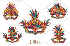 set of carnival masks with feathers