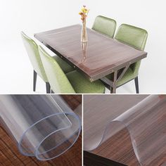 four different views of a dining table with chairs and a vase on the table top