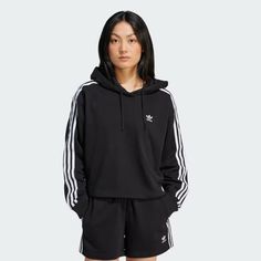 adidas Adicolor 3-Stripes Short Hoodie - Black | Women's Lifestyle | adidas US Adidas Three Stripes Sportswear Sweatshirt, Black Casual Sweatshirt With Contrast Stripes, Adidas Three Stripes Sweatshirt Sportswear, Adidas Sportswear Sweatshirt With Three Stripes, Adidas Sporty Sweatshirt With Three Stripes, Sporty Adidas Sweatshirt With Three Stripes, Sportswear Cotton Sweatshirt With Three Stripes, Streetwear Sportswear Sweatshirt With Three Stripes Branding, Three Stripes Branding Sweatshirt For Streetwear