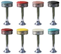 six different colored stools with metal bases