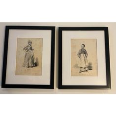 two framed pictures of women standing next to each other