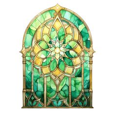 a stained glass window with an ornate design on the front and side panels, set against a white background