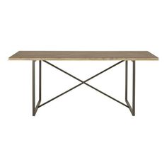 a wooden table with metal legs on a white background