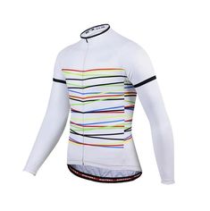 a white shirt with colorful stripes on it