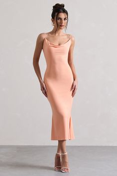 Addison | Coral Cowl-Neck Open-Back Midi Dress With Lace Apricot Dress, Fishtail Skirt, Wedding Guest Looks, Romantic Lace, Skirt Midi, Cowl Neckline, Women Midi, Lace Insert, Timeless Wedding