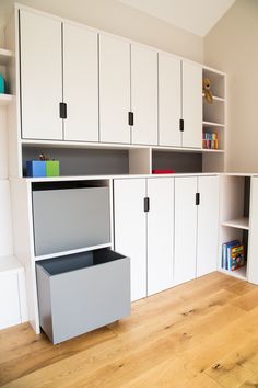 an empty room with white cabinets and drawers