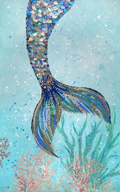 a painting of a mermaid with blue and gold colors on it's tail, swimming in the ocean