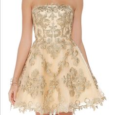 This Is A Gorgeous Dress! The Photos Do Not Do It Justice At All! Perfect For A Formal Dance, Homecoming Or A Cocktail Party! Size: 8 Condition: New With Tags Fitted Dress With Intricate Embroidery For Prom, Elegant Floral Embroidery Dresses For Homecoming, Elegant Floral Embroidery Homecoming Dresses, Embroidered Lace Prom Dress, Fitted Embroidered Homecoming Dress, Elegant Embroidered Homecoming Dress, Elegant Embroidered Dress For Homecoming, Gold Embellished Strapless Dress, Gold Embroidered Sleeveless Dress