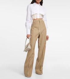 Le Pantalon Sauge striped straight pants in multicoloured - Jacquemus | Mytheresa Chic High Waist Pinstripe Wide Leg Pants, Chic High Waist Vertical Stripes Wide Leg Pants, Chic High Waist Wide Leg Pants With Vertical Stripes, Elegant High-waist Pinstripe Pants, Elegant High Waist Pinstripe Pants, Formal Striped Wide Leg Pants, Striped High-waisted Pants With Belt Loops, Chic Striped High Waist Wide Leg Pants, Striped Wide Leg Formal Pants