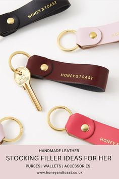 four keychains with the words, handmade leather stocking filer ideas for her