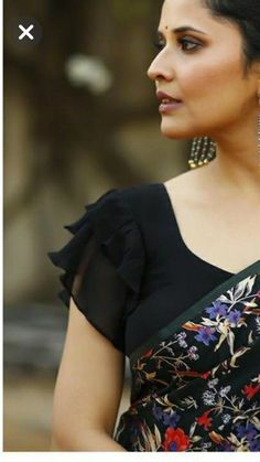 Ruffle sleeves blouse Ruffle Sleeves Blouses For Saree, Ruffle Blouses For Sarees, Ruffles Sleeves Blouse, Blouse Designs Latest For Black Saree, Ruffles Blouse Design, Fancy Blouse Designs Fashion Wear, Blouse Fancy Design, Sifon Blouse Design, Blouse With Ruffle Sleeves