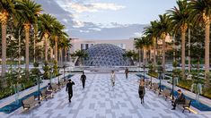 an artist's rendering of people walking in front of a building with palm trees