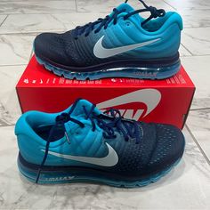 Elevate Your Athletic Style With These Nike Air Max 2017 Sneakers. The Shoes Come In A Sleek Binary Blue And Glacier Blue Colorway, And Feature A Lace-Up Closure For A Secure Fit. The Shoes Are Perfect For Any Occasion, Whether You're Hitting The Gym Or Running Errands. Crafted From Breathable Mesh And Foam Insole Material, These Shoes Provide Ultimate Comfort And Support. The Outsole Is Made From Durable Rubber, Ensuring Longevity. The Nike Air Max 2017 Sneakers Are Available In Men's Size 11.5 White Athletic Sneakers, Nike Air Max 2017, Nike Sf, Nike Air Max Excee, Nike Air Jordan 11, Nike Waffle, Nike Air Force Ones, Athletic Style, New Nike Air