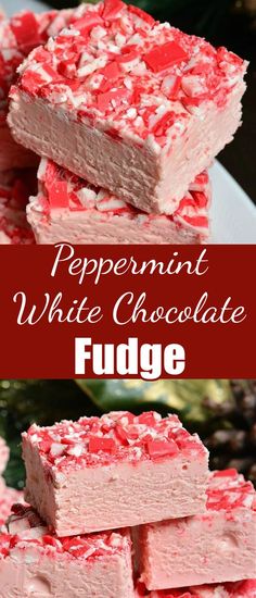 peppermint white chocolate fudge cake is stacked on top of each other