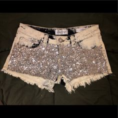 I Am Selling These Adorable Nwot Daytrip Jean Shorts Never Worn. Size 26 Make Me An Offer Silver Bottoms For Night Out, Short Length, Silver Short Bottoms For Night Out, Silver Sequined Summer Bottoms, Silver Short Length Bottoms For Night Out, Trendy Silver Short Bottoms, Trendy Silver Shorts For Summer, Low Rise Jean Shorts, Sequin Jeans, High Rise Denim Jeans