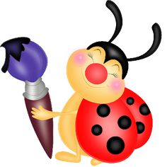 a cartoon ladybug holding a purple ball and a red pencil in it's paws