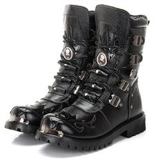 Gothic Punk Platform Boots, High Chunky Platform Boots, Riding Boots, Long Boots, Zipper Boots. PU Leather Boots. Combat Boots, Biker Boots, Punk Boots, Gothic Boots. Black Men's Boots. Make a statement and step out in style with our super cool buckle strap and zip up mid-calf boots. These punk, biker style inspired boots are the perfect way to showcase your flare and individuality. Made from high quality Genuine Leather with round toe, buckle strap front closure, side zip closure, heel tabs, low square heel, chunky cleated anti slip rubber sole, and seam detailing, these combat style boots provide both comfort and support for you during your busy day. Strong, sturdy leather provides flexibility ensuring a secure but comfortable fit. These durable and versatile handmade boots can easily ta Botas Goth, Steampunk Projects, Style Combat Boots, Steampunk Boots, Mens Motorcycle Boots, Converse Outfits, Combat Boots Men, Goth Boots, Leather Motorcycle Boots