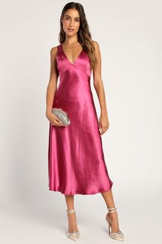 Incredible Love Magenta Satin Cowl Back Midi Slip Dress Party Long Dress, Midi Slip Dress, Camisole Dress, Dress Dusty, Dresses Elegant, Satin Maxi, Satin Maxi Dress, Pink Maxi Dress, Cut Out Design