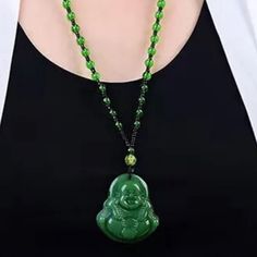 Carved Green Jade Buddha Necklace. Will Be Energetically Charged By A Reiki Master Handmade Green Casual Necklaces, Casual Green Necklace For Gift, Casual Green Handmade Necklaces, Casual Black Beaded Necklace As Gift, Casual Black Beaded Necklace For Gift, Casual Black Necklace For Gift, Casual Green Handmade Necklace, Casual Green Necklace, Jade Buddha Necklace